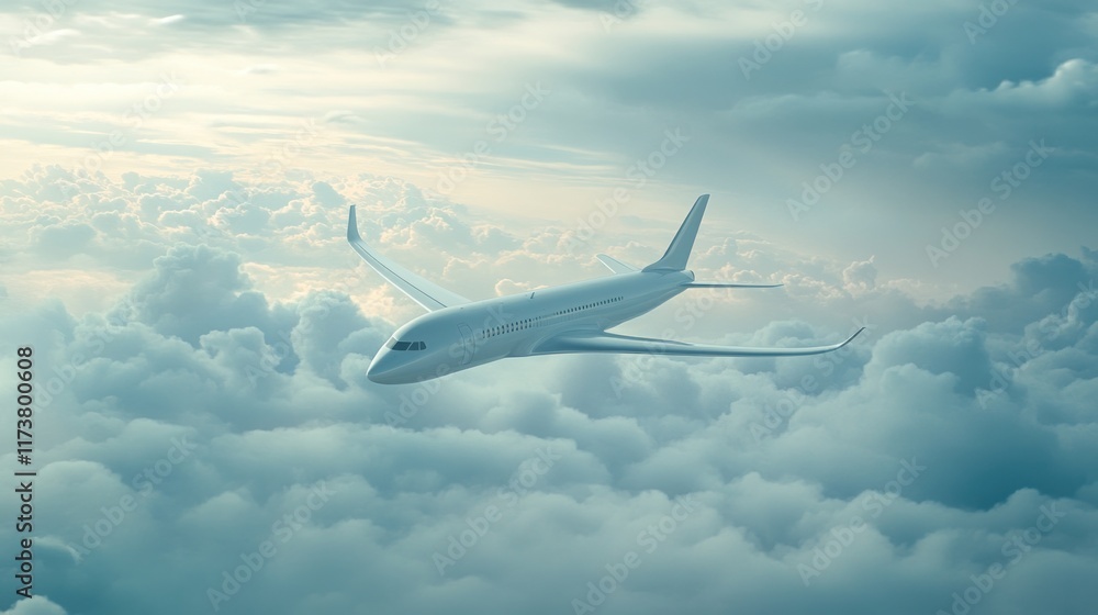 Fototapeta premium Airplane soaring above fluffy clouds in a scenic sky.