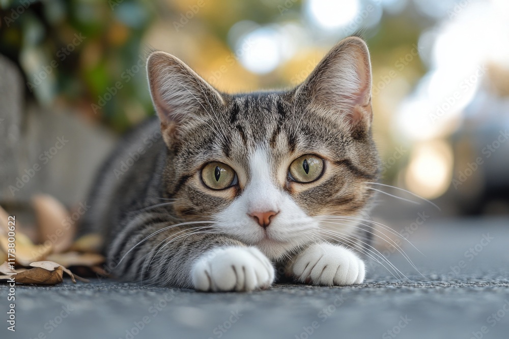 Naklejka premium Closeup portrait of a cute tabby cat lying on wooden floor
