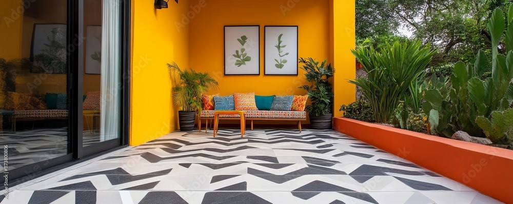 Fototapeta premium Artistic patio with bold geometric tiles and vibrant decor