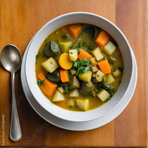 An unappetizing vegetable soup made from old, overcooked vegetables, with visible signs of mushiness and lack of color, served in a bowl with a spoon. photo