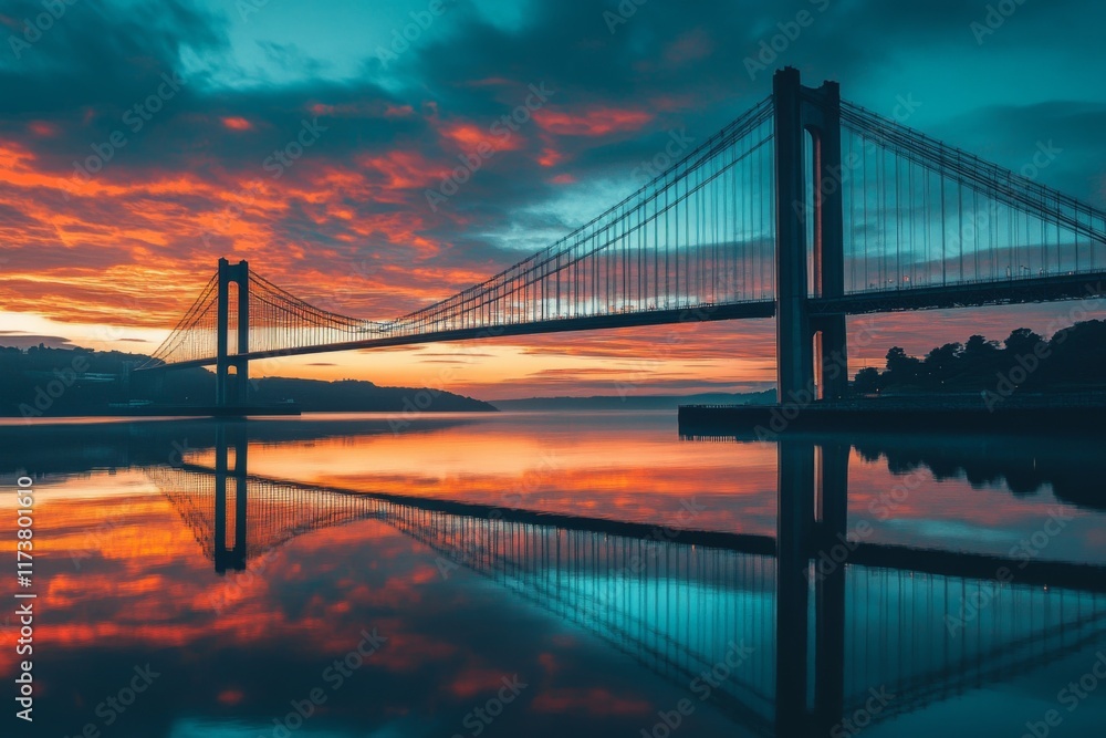 Golden sunset over a suspension bridge reflected in still waters Golden sunset over a suspension bridge reflected in still waters