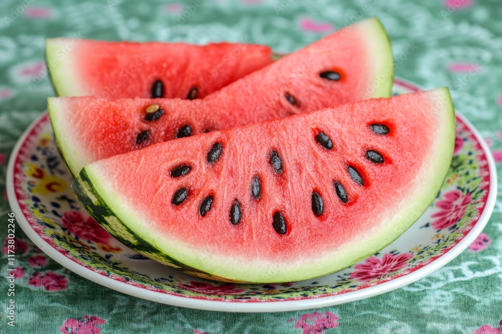 Three watermelon slices on a bright plate with vibrant pattern background Three watermelon slices on a bright plate with vibrant pattern background
