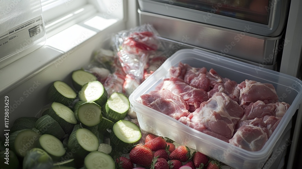 Refrigerator interior with raw meat, cucumbers, and strawberries. Refrigerator interior with raw meat, cucumbers, and strawberries.