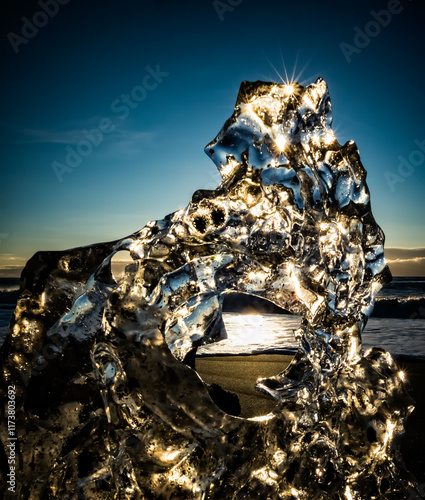 Chunck of ice sculpture floats up on Diamond Beach in Iceland photo