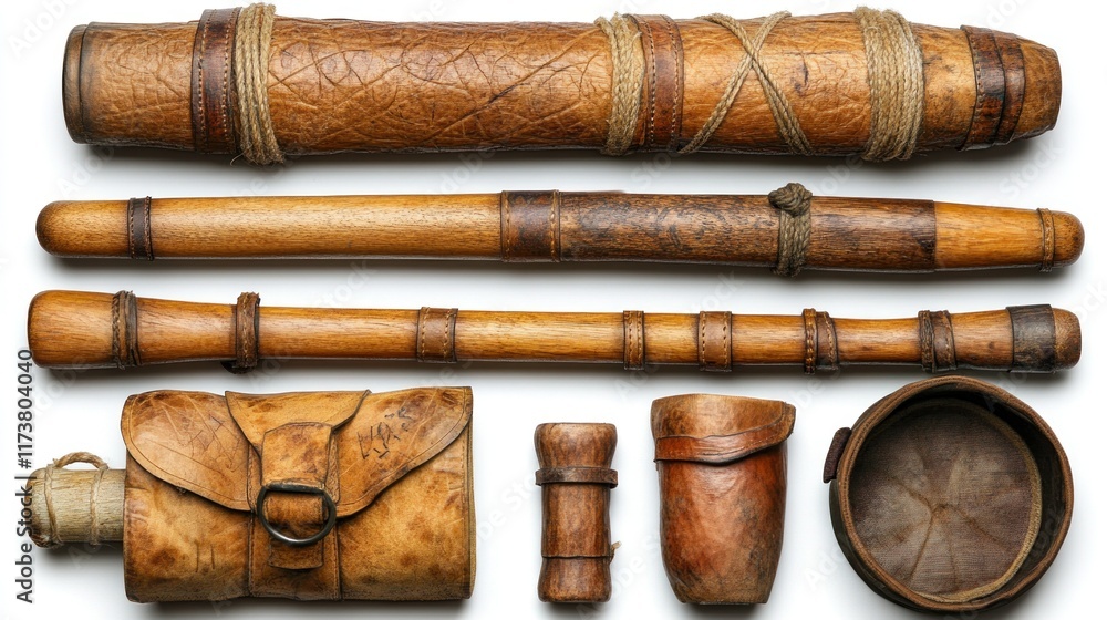 Antique explorer's kit with leather-bound containers, wooden tools, and rope ties. Perfect for historical displays, props, or thematic settings. Antique explorer's kit with leather-bound containers, wooden tools, and rope ties. Perfect for historical displays, props, or thematic settings.
