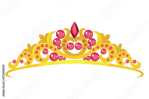 Princess crown tiara icon. Beautiful golden jewels with precious stones. Precious head accessory. Headdress in flat design isolated on white background