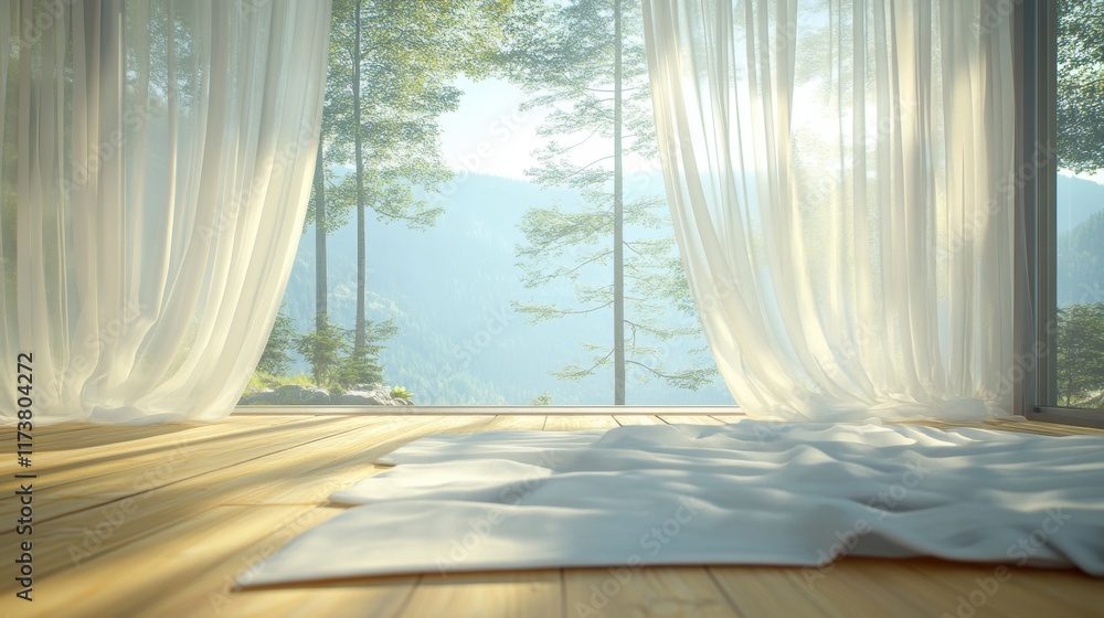 Serene Morning View Through Sheer Curtains Serene Morning View Through Sheer Curtains