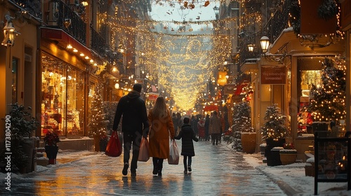 Family strolls through a festive, snowy street adorned with lights.
