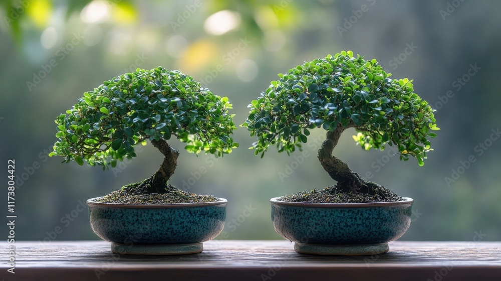 Bonsai trees growing together in harmony on a wooden table surrounded by a serene natural backdrop. Generative AI Bonsai trees growing together in harmony on a wooden table surrounded by a serene natural backdrop. Generative AI