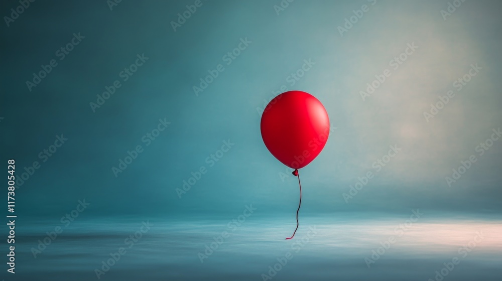 Single red balloon floats in a misty blue room. Single red balloon floats in a misty blue room.