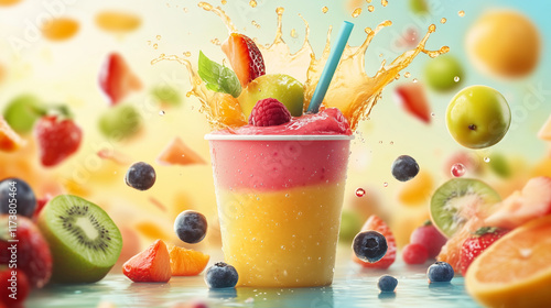 Fruity Smoothie Splash: A refreshing summer smoothie with a burst of colorful fruit, creating a vibrant and playful scene. Perfect for showcasing healthy drinks, summer vibes, and delicious flavors.  photo