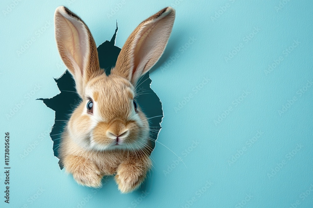 Curious rabbit peeking through hole in light blue background Curious rabbit peeking through hole in light blue background
