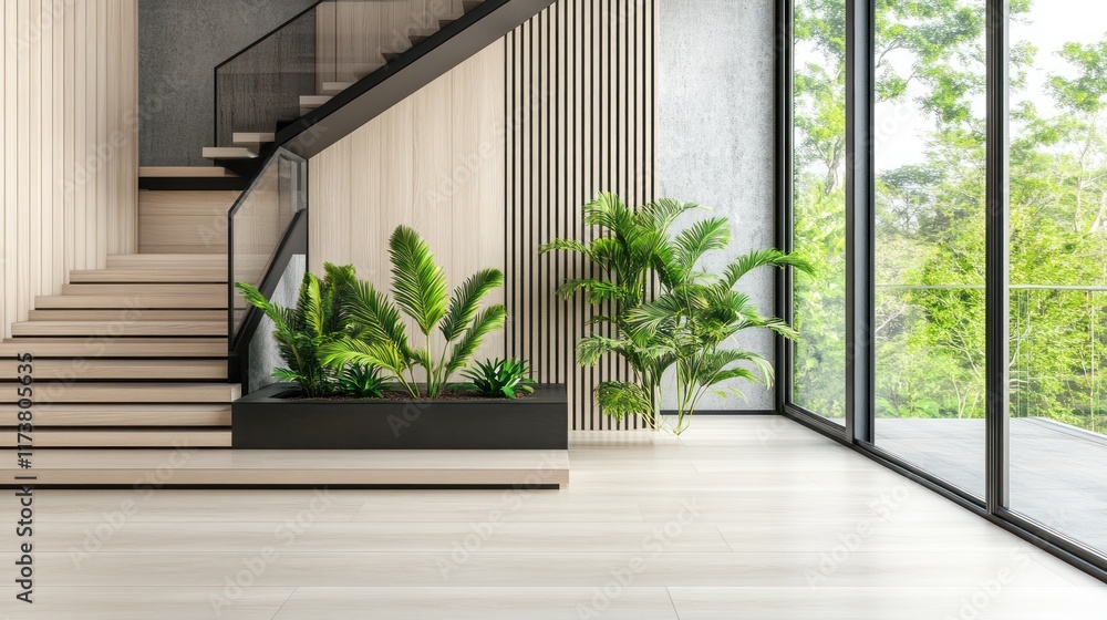 Modern minimalist staircase with plants and large window overlooking lush greenery.