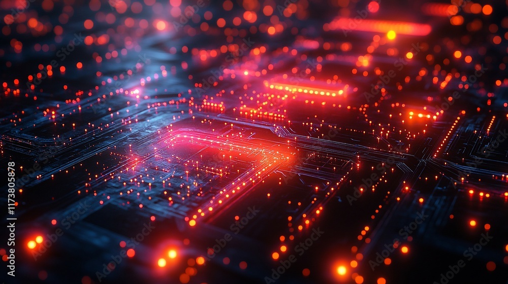 Abstract Circuit Board: Glowing Red and Blue Digital Network Abstract Circuit Board: Glowing Red and Blue Digital Network