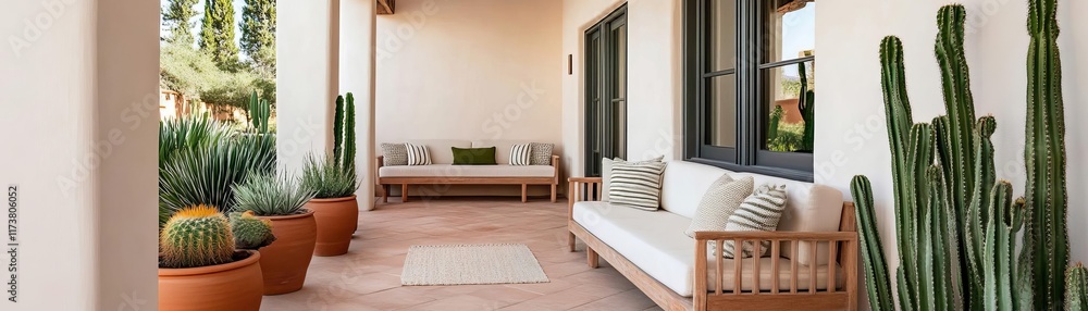 Fototapeta premium Desert-inspired patio with cacti, terracotta accents, and adobe-style seating