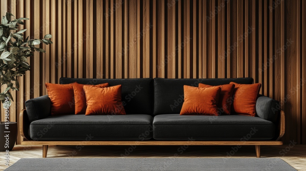 Modern Dark Sofa with Orange Pillows against Wooden Wall Modern Dark Sofa with Orange Pillows against Wooden Wall