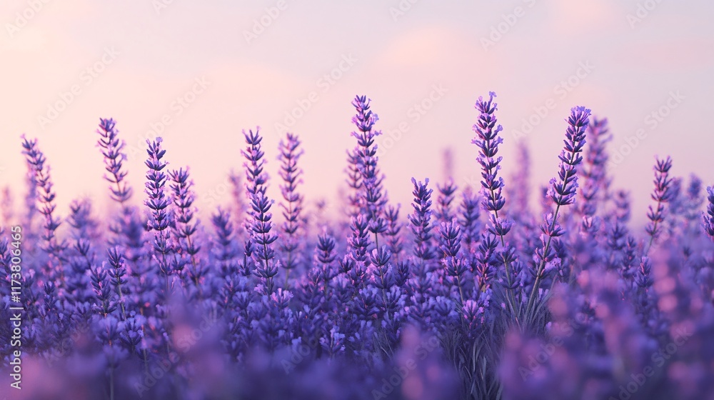 Obraz premium A vibrant field of lavender flowers bathed in soft purple hues under a pastel sky.