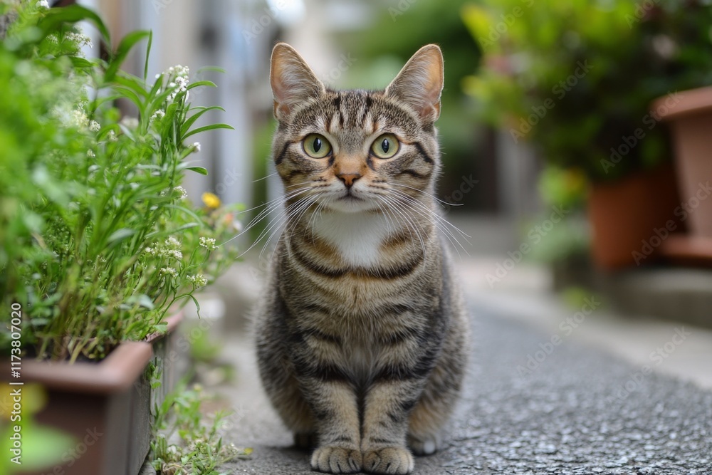 Portrait of a tabby cat sitting on a cobblestone path with soft sunlight Portrait of a tabby cat sitting on a cobblestone path with soft sunlight