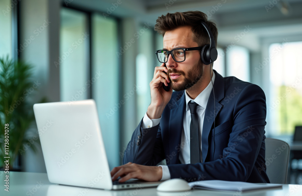 Businessman in formal suit video call on laptop. Wears headset, looks focused. Sits in modern office. Virtual meeting with colleagues. Serious expression. Pro business environment. Planning Businessman in formal suit video call on laptop. Wears headset, looks focused. Sits in modern office. Virtual meeting with colleagues. Serious expression. Pro business environment. Planning