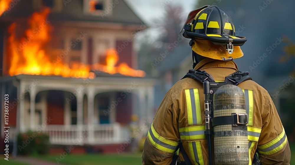 Firefighter extinguishing flames from a burning house courage in action from the back view Firefighter extinguishing flames from a burning house courage in action from the back view