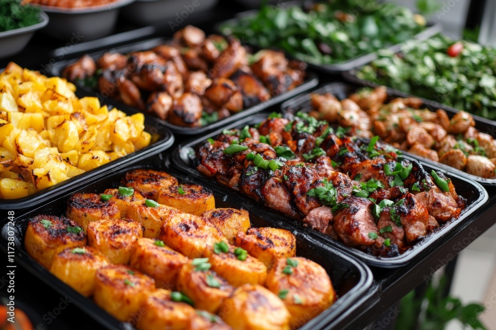 Assorted ready-to-eat food platters with grilled meat and vegetables Assorted ready-to-eat food platters with grilled meat and vegetables