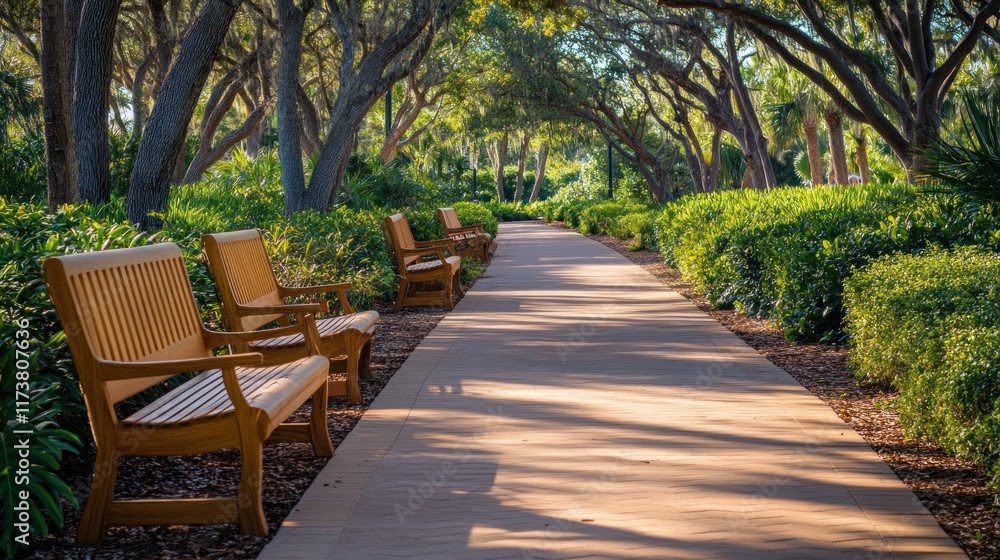 Fototapeta premium Sunlit path lined with benches under shady trees in a tranquil park.