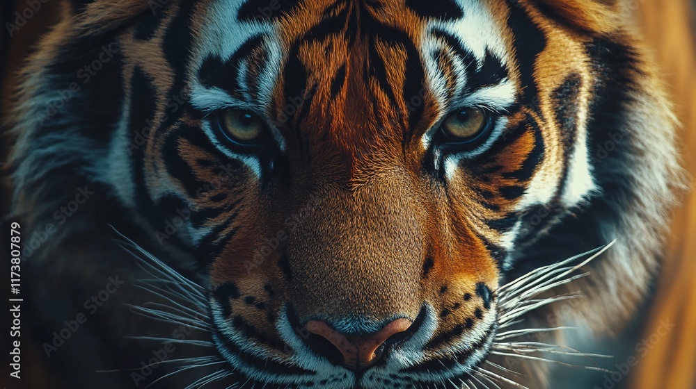 Obraz premium A close-up portrait of a majestic Bengal tiger showcasing its striking orange and black fur.