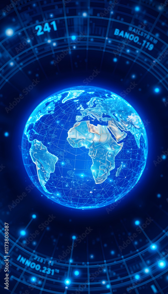 Obraz premium Our Universe world globe earth hologram blue data showing cellular connectivity that powers innovation. New business technology monitoring devices anywhere in the world., Dreamy, with white tones
