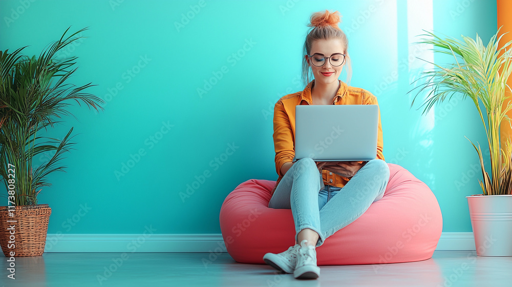 Fototapeta premium A focused young woman sitting on a blue beanbag chair with a laptop in a vibrant color-block room featuring a pink and teal wall, complemented by a green plant