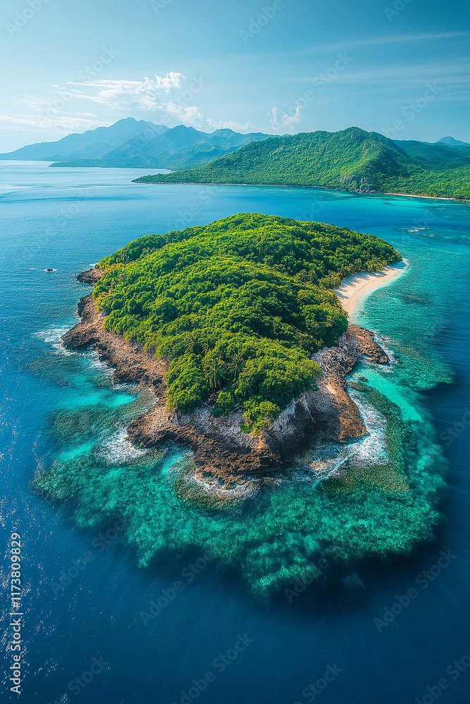 Fototapeta premium Photo réaliste professionnelle d’une petite île tropicale entourée d’eaux turquoise et de plages de sable blanc