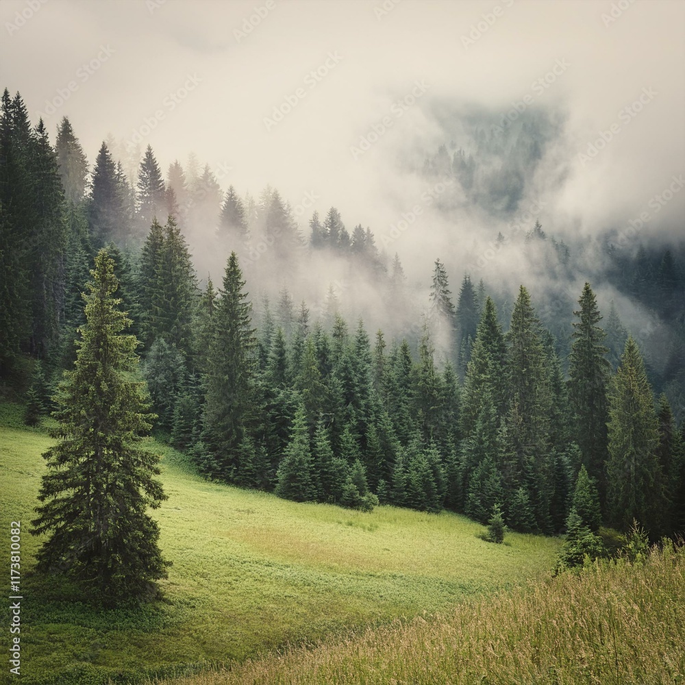 Fototapeta premium A Misty Morning in the Mountain Forest: Where Sunlight Struggles Through the Clouds and Trees Stand Tall