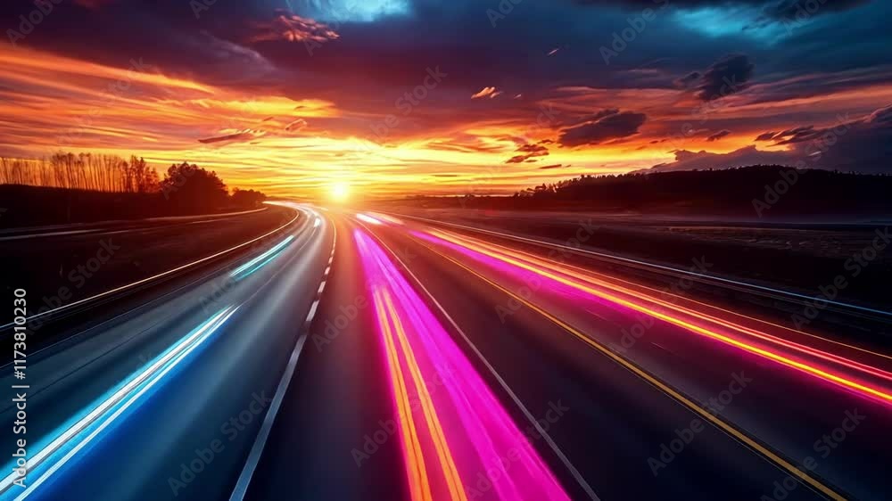 Sunset over the highway with vibrant colors and moving vehicles creating a stunning evening atmosphere Sunset over the highway with vibrant colors and moving vehicles creating a stunning evening atmosphere