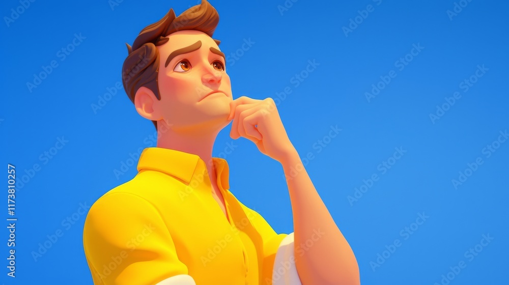 3D Render of Cartoon Cute Young Man in Yellow Shirt and Blue Tie, Posing Thoughtfully with Serious Expression, Representing Problem and Doubt Concept 3D Render of Cartoon Cute Young Man in Yellow Shirt and Blue Tie, Posing Thoughtfully with Serious Expression, Representing Problem and Doubt Concept