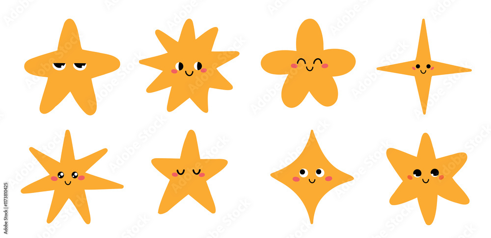 Cute cartoon star vector illustration set. Kawaii star with different emotions. Children's flat illustration. Hand-drawn Illustrations. White isolated background. Cute cartoon star vector illustration set. Kawaii star with different emotions. Children's flat illustration. Hand-drawn Illustrations. White isolated background.