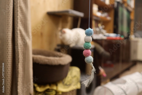 The cat teaser toy is hanging on Velcro. A few teddy balls together. A cat in the background.