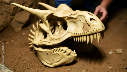 The skull of a Carnotaurus is unearthed, its distinctive horns and sharp teeth being carefully exposed by scientists. photo