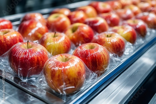 Apples being packaged in plastic wrap on conveyor belt in food processing plant photo