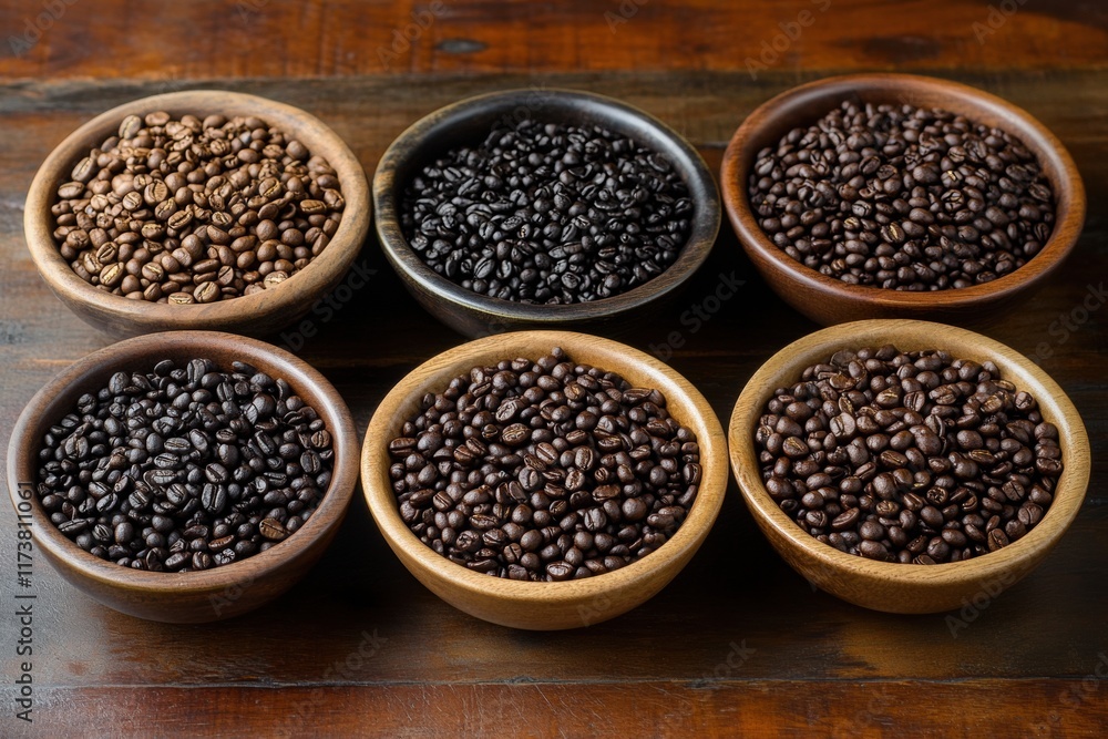 Six Bowls of Roasted Coffee Beans Six Bowls of Roasted Coffee Beans