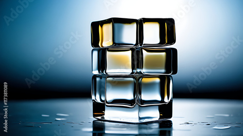 A close-up of perfectly clear ice cubes stacked in a glass, reflecting light beautifully,  photo