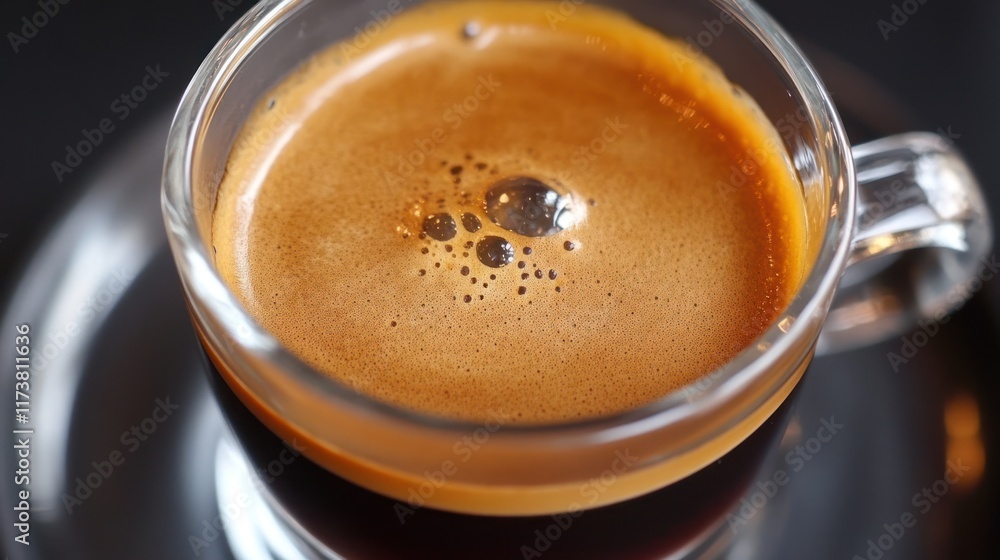 Close-up of espresso in a glass cup on a saucer. Close-up of espresso in a glass cup on a saucer.