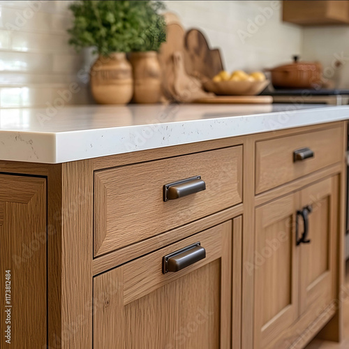 hyper realistic photo interior view product view oak shaker kitchen cabinet with oil rubbed bronze cabinet pull mountain traditional style white countertop