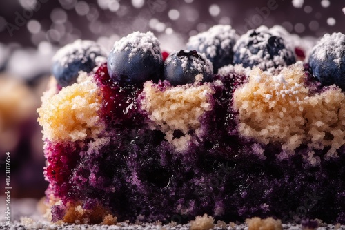 Fresh blueberry crumble cake closeup photo