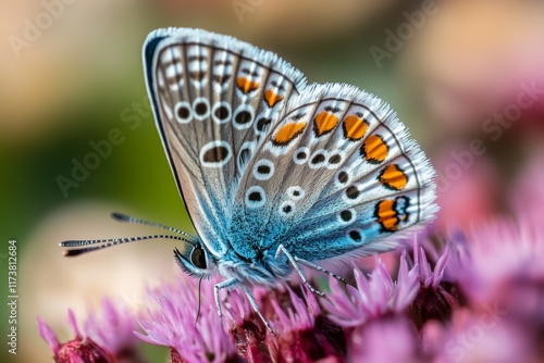 Closeup of butterfly resting on vibrant pink flower photo