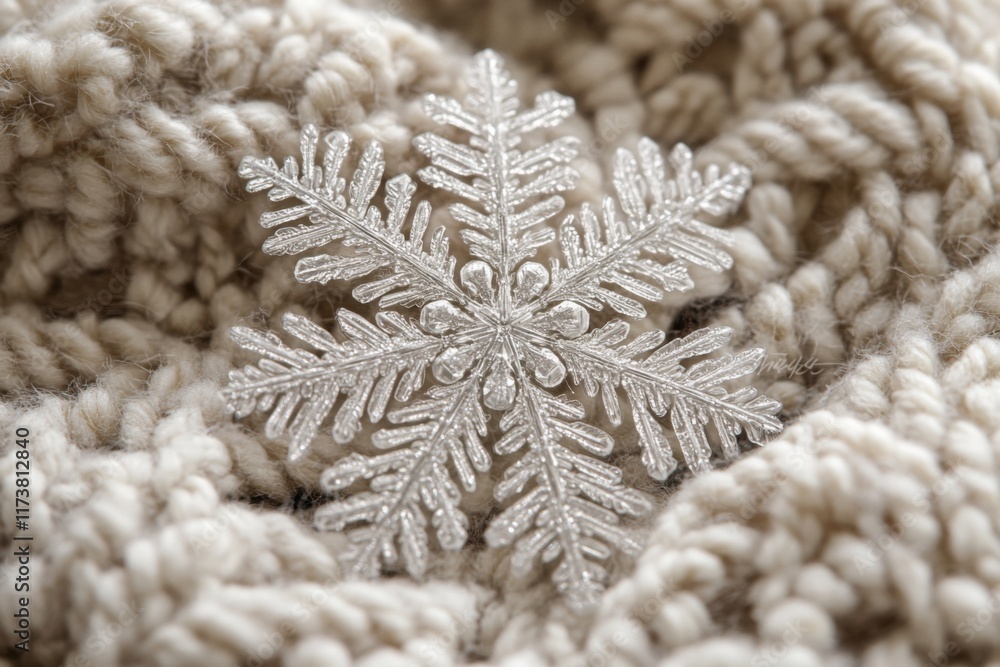 Macro view of white snowflake on knitted fabric Macro view of white snowflake on knitted fabric