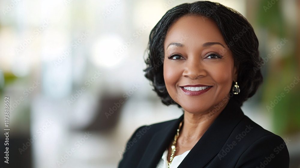 Fototapeta premium Confident middle-aged Black woman smiling warmly, dressed in business attire, exuding professionalism and approachability.