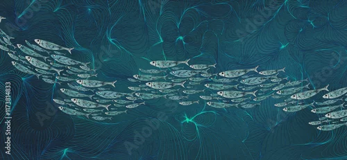 Fototapeta Siluetas de sardinas en el fondo del mar. Banco de peces y mar pintados en tinta y acuarela. Fondo marino. Estilo japonés, ornamental.
