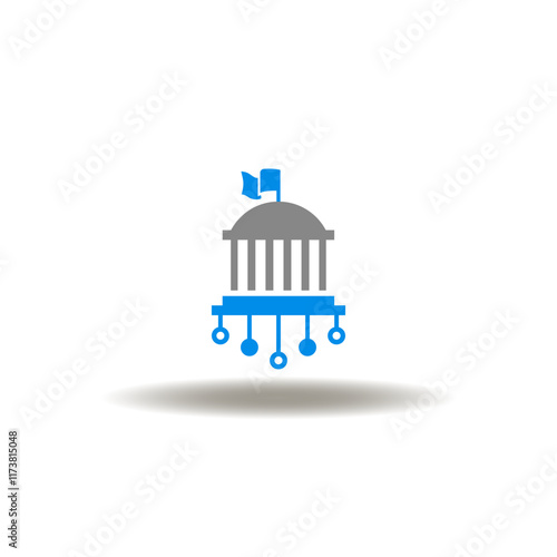 Vector illustration of government building or court with circuit computer pattern. Symbol of digital government. Icon of e-governance.