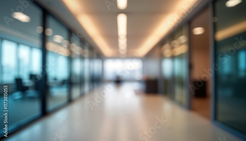 Wallpaper Mural Empty office corridor with modern interior design. Blurred people, furniture suggest busy workplace. Bright light bokeh from windows fills space. Spacious room with clean lines. Modern architecture Torontodigital.ca