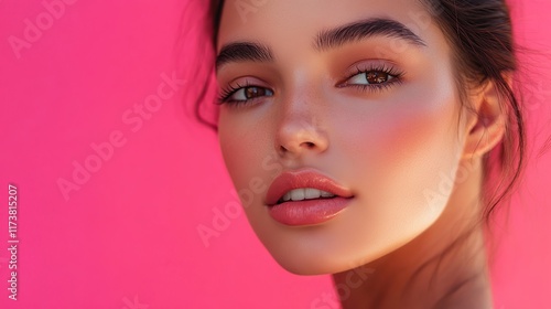 Wallpaper Mural A close-up portrait of a glamorous woman with flawless skin, elegant makeup, and a sensual look, highlighting her beauty, hairstyle, and cosmetics in a studio setting Torontodigital.ca