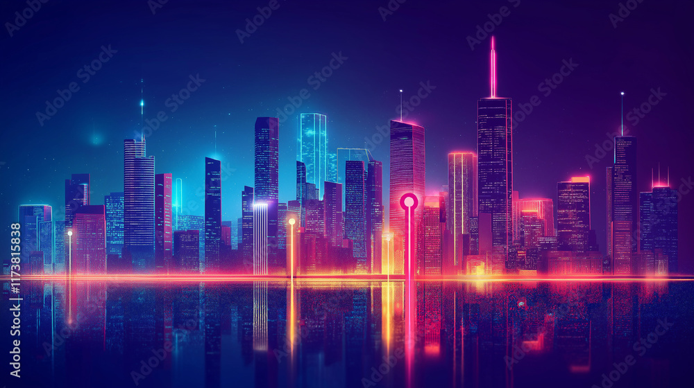 Vibrant city skyline at night illuminated with colorful lights reflecting on water Vibrant city skyline at night illuminated with colorful lights reflecting on water